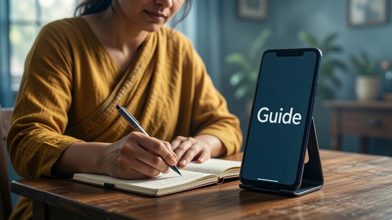 Daylight home desk seen from across the table: an Indian woman in a plain mustard kurta writes in a paper notebook while her phone stands on a small stand next to it, its dark slate display showing "Guide" in white