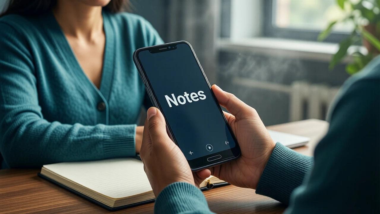 Afternoon at a shared office table: a woman in a plain teal cardigan sits opposite while a colleague's hands, seen over the shoulder, hold a phone reading "Notes" in white on dark slate, an open paper notebook between them