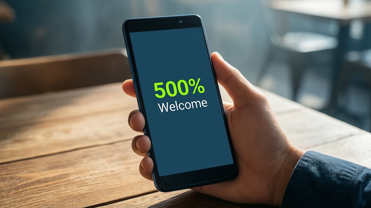 Close-up on a wooden cafe table in warm side light: one hand grips a slim phone whose dark slate display carries "500%" in big lime-green digits printed flat, with "Welcome" in white beneath, blurred chairs behind