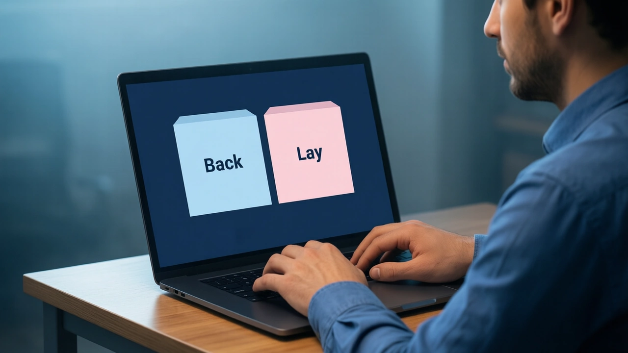 A laptop on a small office desk after work, a man in a plain unprinted blue shirt seen from the side typing, the deep slate laptop screen showing two large boxes side by side, one pale blue with the word "Back" and one pale pink with the word "Lay"