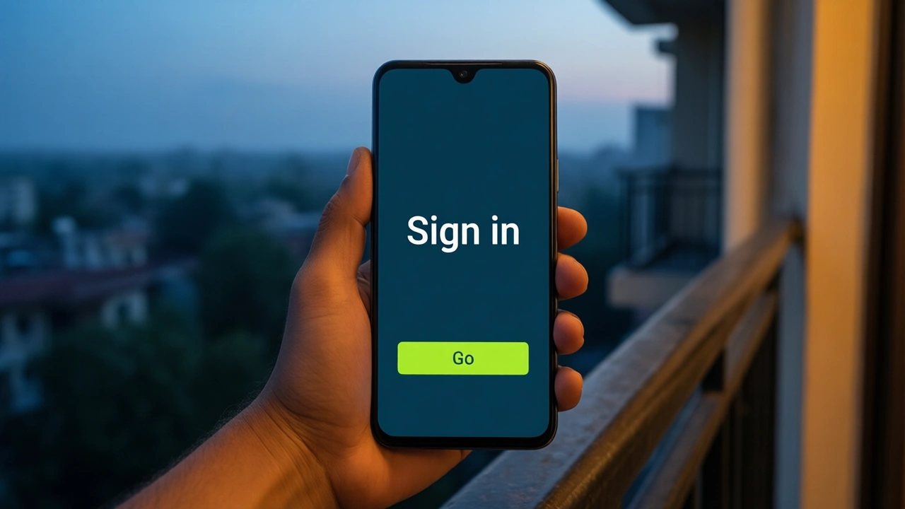 Close-up of a hand holding an Android phone upright on a balcony at dusk, only one phone in the picture, the deep slate screen showing the large white word "Sign in" above one lime-green button with the word "Go", the screen plain edge to edge