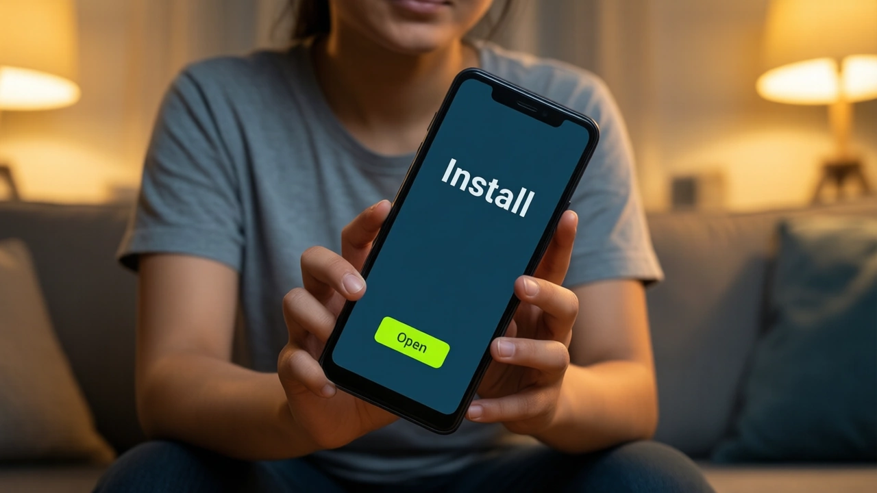 Lamplit living room seen from a low angle, a young Indian woman in a plain grey t-shirt on the sofa holding a phone out toward us with both hands, the dark slate display reading "Install" above a lime-green "Open" button