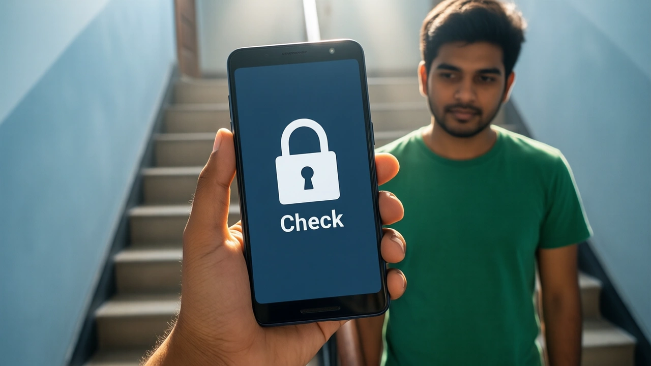 A residential stairwell in soft daylight, a phone raised close to the lens displaying a white closed padlock, shackle locked shut, and the word "Check", while a young Indian man in a plain green t-shirt stands out of focus on the steps