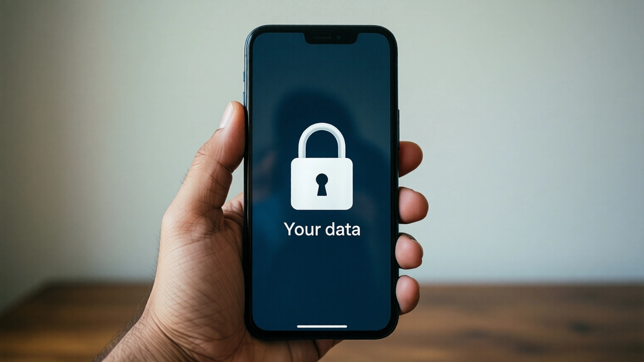 Close-up of a hand holding an Android phone upright against a plain pale wall, only one phone in the picture, the deep slate screen showing a large white closed padlock, shackle locked shut, above the white words "Your data", the screen plain edge to edge