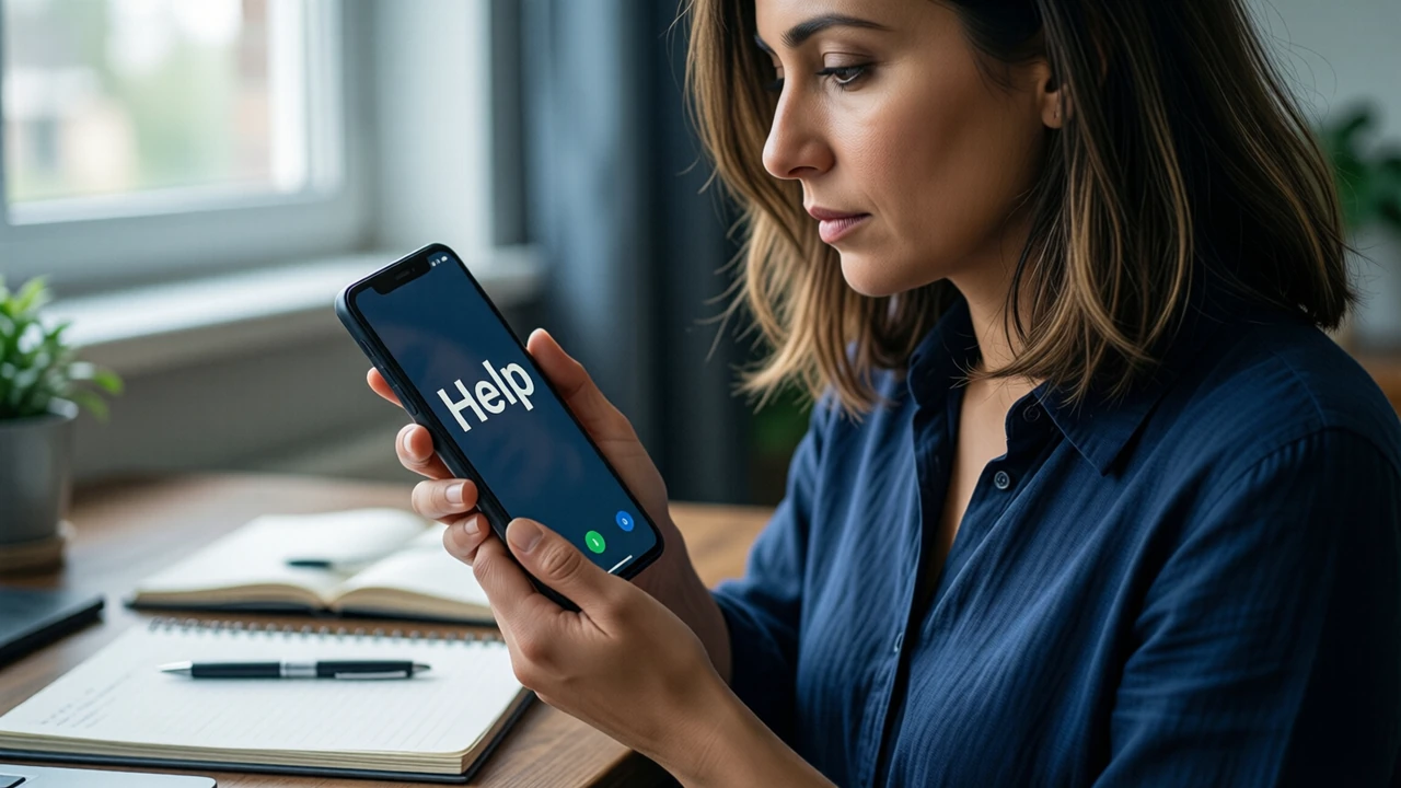 Side view of an Indian woman with shoulder-length hair in a plain navy blouse at her home desk in daylight, notebook and pen beside her, glancing down at a phone held near her chest whose dark display shows "Help"