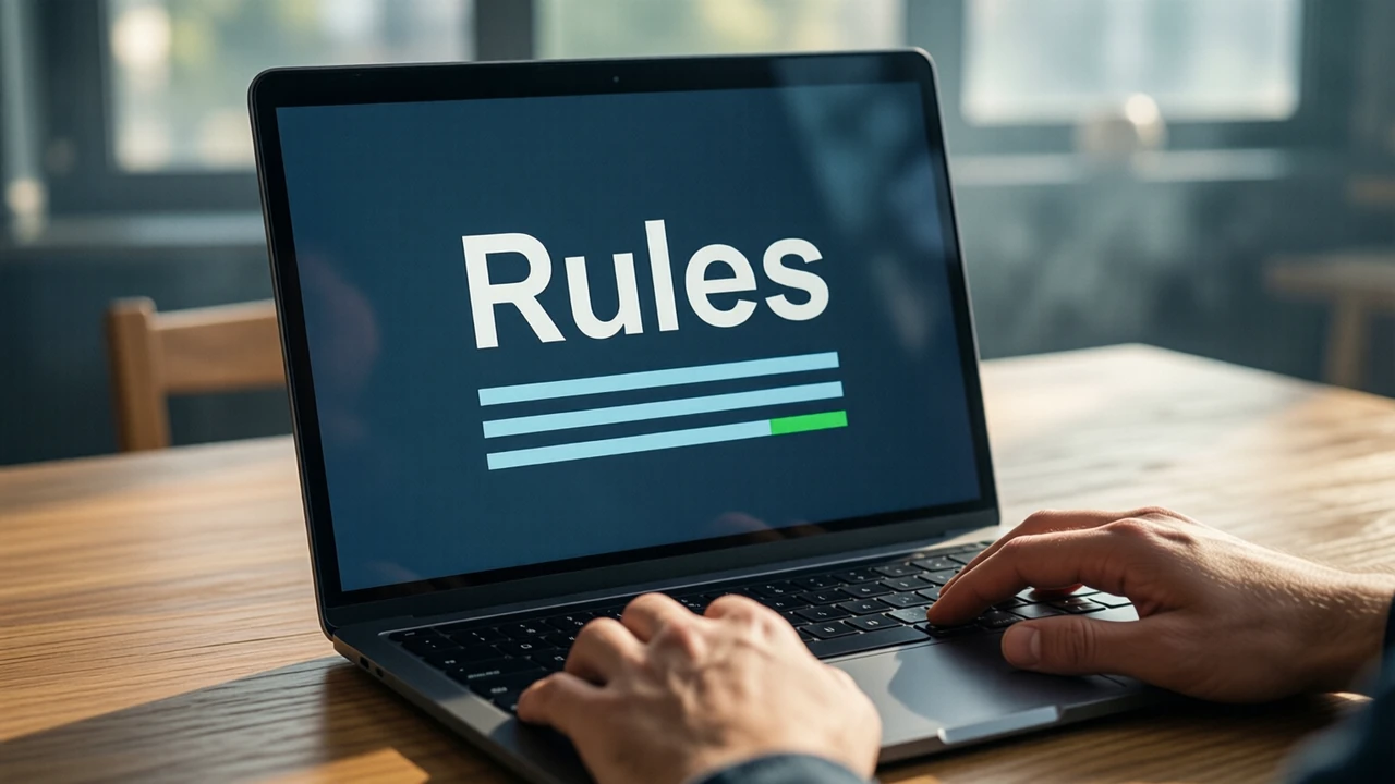 A laptop on a plain wooden desk in daylight, seen from slightly above, the deep slate laptop screen showing the large white word "Rules" above three short pale blue lines