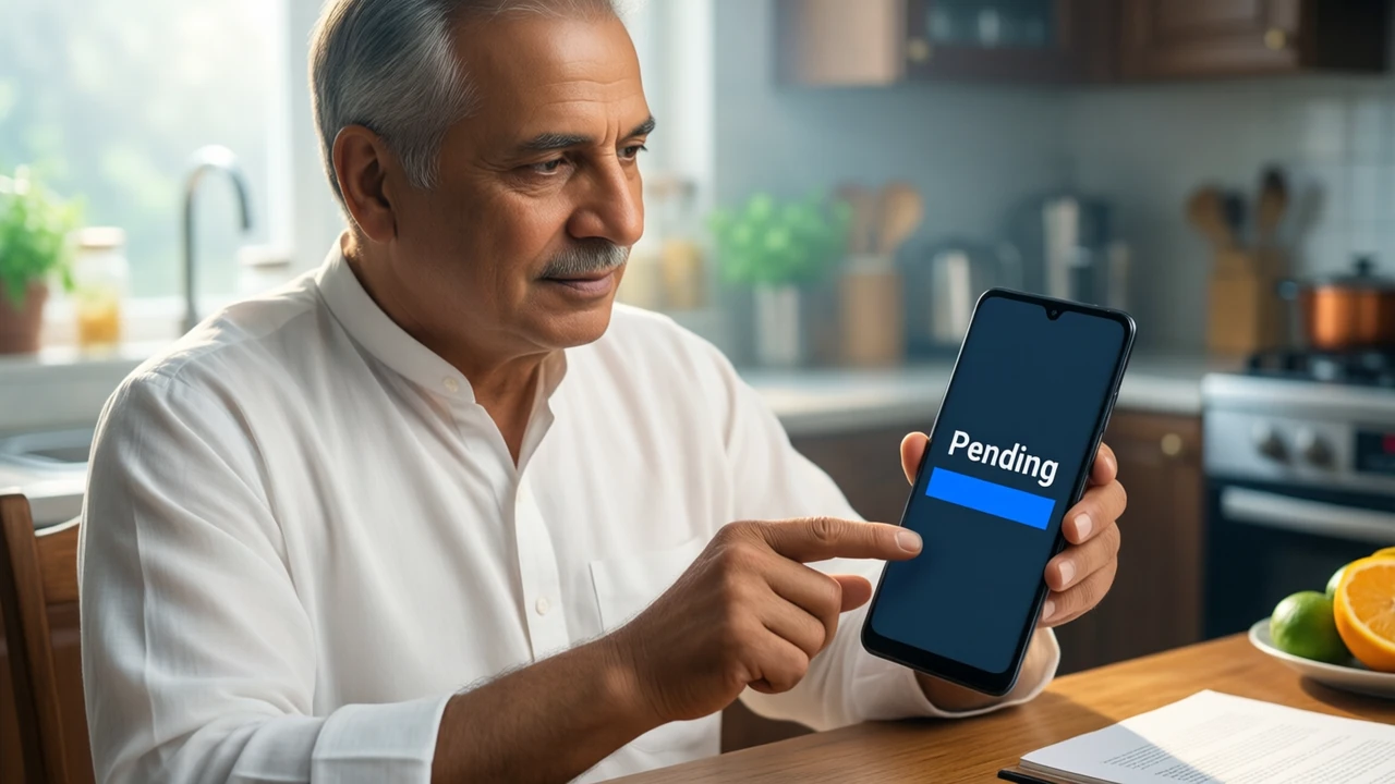 Morning kitchen, a grey-haired Indian man in a plain white kurta seated at the table, pointing a finger at his phone where the dark display says "Pending" over a single bright blue bar, fruit bowl and stove soft in the background
